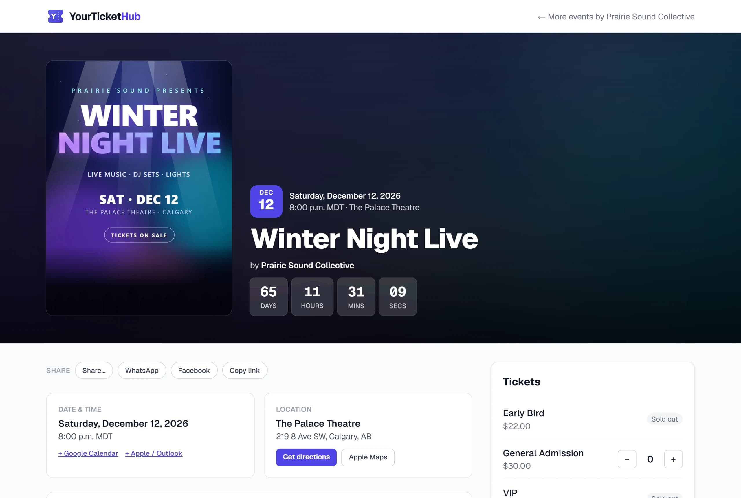 An event page on YourTicketHub with poster, countdown and tickets