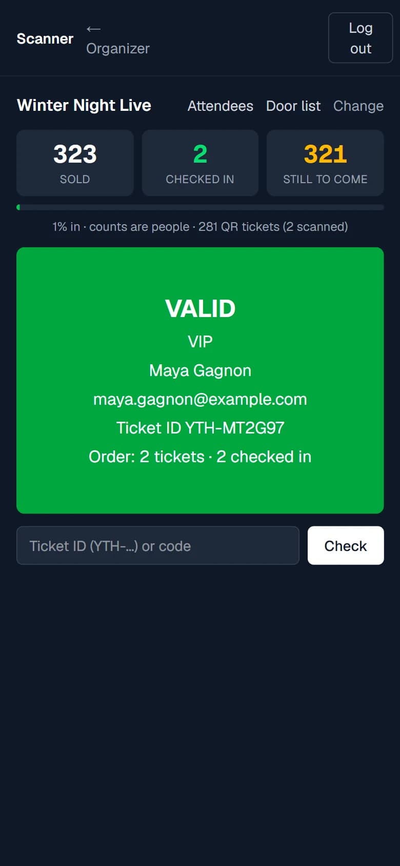 The door scanner on a phone showing a valid ticket