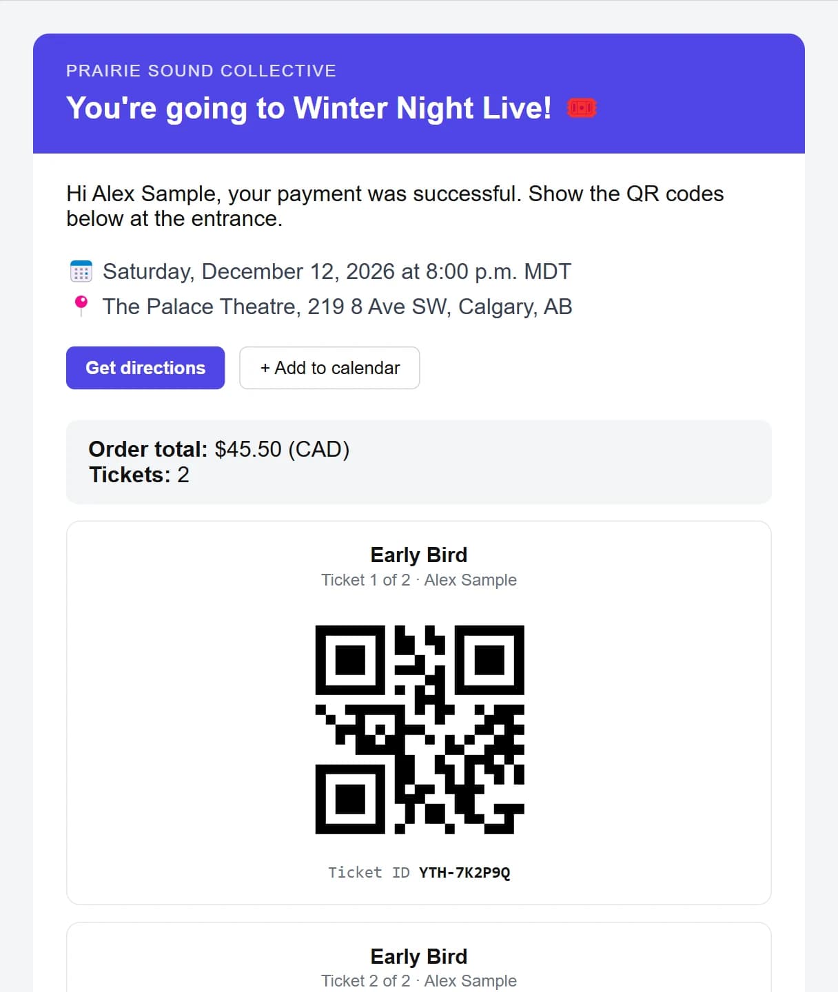 A ticket email with QR codes