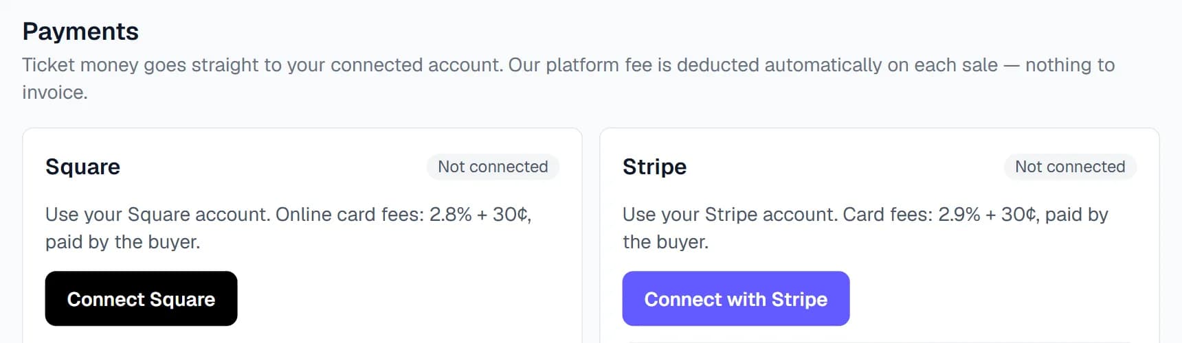 Payments: connect Square or Stripe