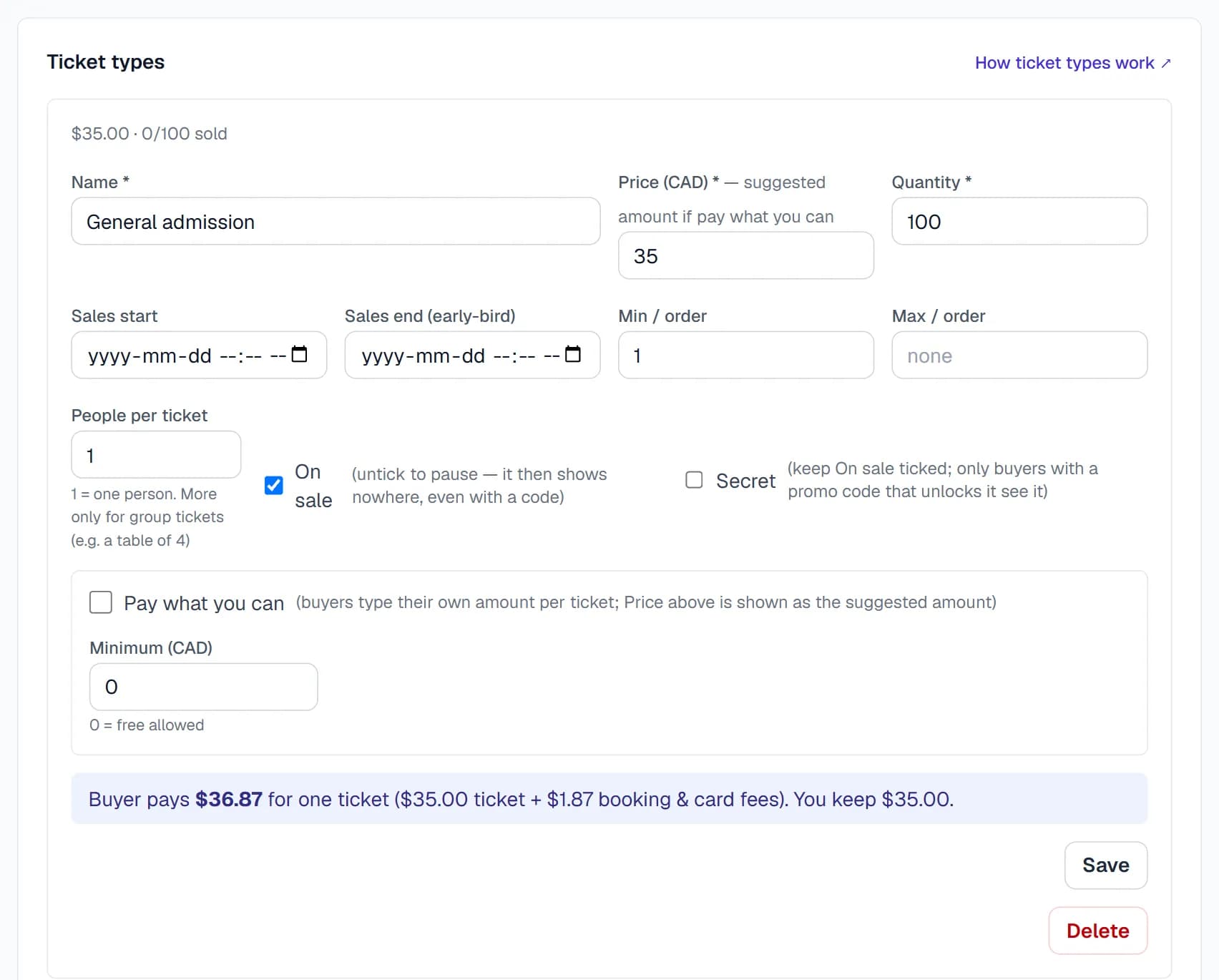 Adding a ticket type — the blue box shows what the buyer pays